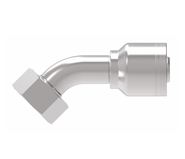 6S32DSA20 Aeroquip by Danfoss | 6 Wire 6S Female DIN 24° Seat Swivel DKO (Heavy) 45° Elbow (DSA) Crimp Fitting | S38 Female DKO/DIN 24° Seat x -20 Hose Barb | Steel