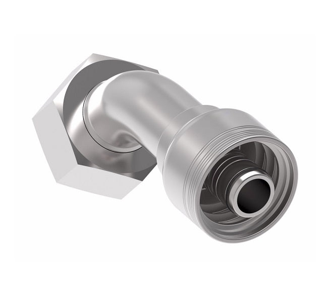 6S32DSA20 Aeroquip by Danfoss | 6 Wire 6S Female DIN 24° Seat Swivel DKO (Heavy) 45° Elbow (DSA) Crimp Fitting | S38 Female DKO/DIN 24° Seat x -20 Hose Barb | Steel