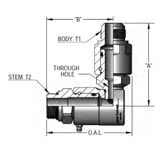 9DP8MO10XMJ10-Z-V by Super Swivel | DP6920-Z-V | Dual Plane Swivel | 7/8-14 Male O-Ring ORB x 7/8-14 Male 37° JIC | 0.297" Through Hole | 90° Elbow | Zinc | Viton Seal