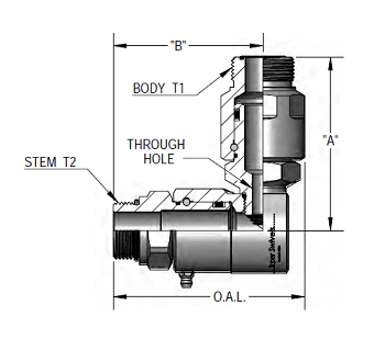 9DP8MO8XMFS8-Z-AL by Super Swivel | DP8621-Z-AL | Dual Plane Swivel | 3/4-16 Male O-Ring ORB x 13/16-16 Male Face Seal MFS | 0.297" Through Hole | 90° Elbow | Zinc | AFLAS Seal