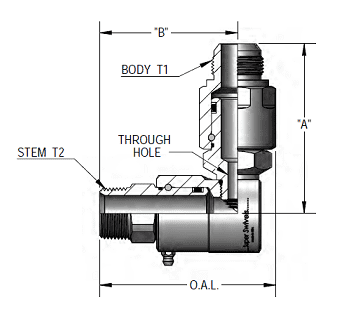 9DP8MP50XMJ8-Z-V by Super Swivel | DP6820-Z-V | Dual Plane Swivel | 1/2-14 Male Pipe NPTF x 3/4-16 Male 37° JIC | 0.297" Through Hole | 90° Elbow | Zinc | Viton Seal
