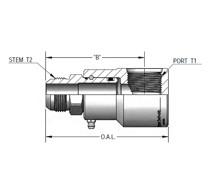 9SS8MJ10XFO8-Z-V by Super Swivel | 5220-Z-V | 7/8-14 Male 37° JIC x 3/4-16 Female O-Ring ORB | 0.484" Through Hole | 90° Elbow | Zinc | Viton Seal