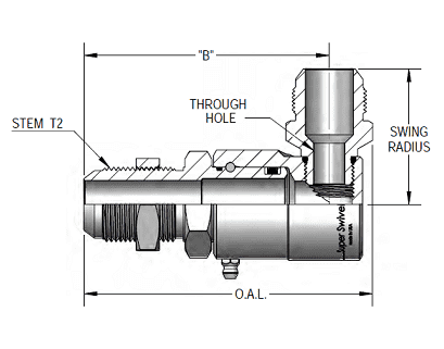 9SS8MJB10XMJ10-Z-AL by Super Swivel | 8021-Z-AL | 7/8-14 Male 37° JIC Bulkhead x 7/8-14 Male 37° JIC | 0.297" Through Hole | 90° Elbow | Zinc | AFLAS Seal