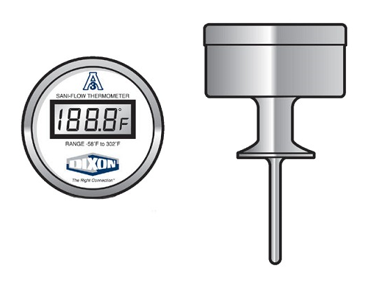DT-2U-BK-DF38S2 Dixon Valve Sani-Flow Sanitary Digital Thermometer - 2" Clamp - Back Mount - Fahrenheit (°F) Display - 1 Second Update Interval (2" Probe Length)
