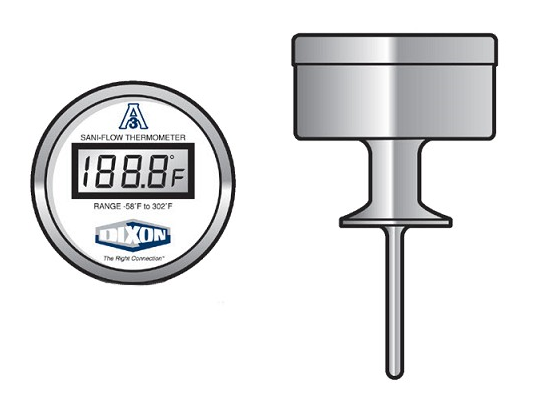 DT-2U-BK-DC-1 Dixon Valve Sani-Flow Sanitary Digital Thermometer - 2" Clamp - Back Mount - Celsius (°C) Display - 1 Second Update Interval