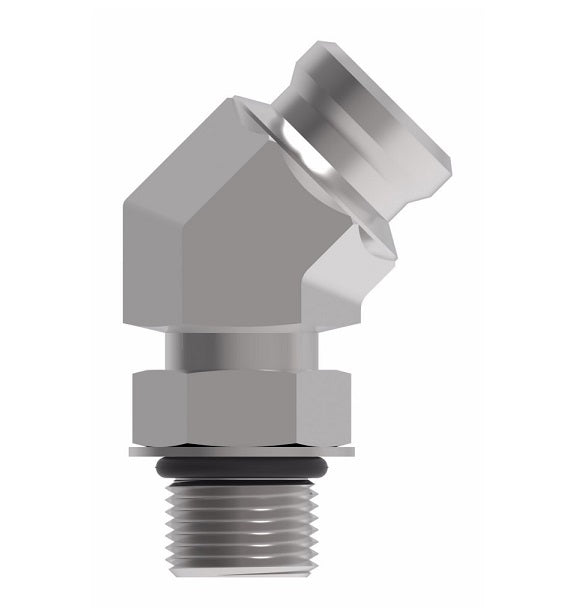 FF3065-1606S Aeroquip by Danfoss | Male ISO 6149 ORB (S-Series) to Female STC (Snap to Connect) 45° Elbow Adapter (FF) | M16 Male Metric O-Ring Boss x -06 Female STC | Steel