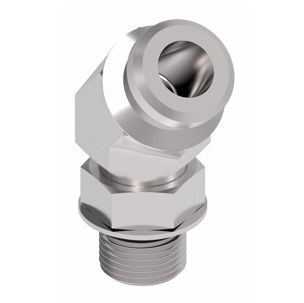 FF3065-1808S Aeroquip by Danfoss | Male ISO 6149 ORB (S-Series) to Female STC (Snap to Connect) 45° Elbow Adapter (FF) | M18 Male Metric O-Ring Boss x -08 Female STC | Steel