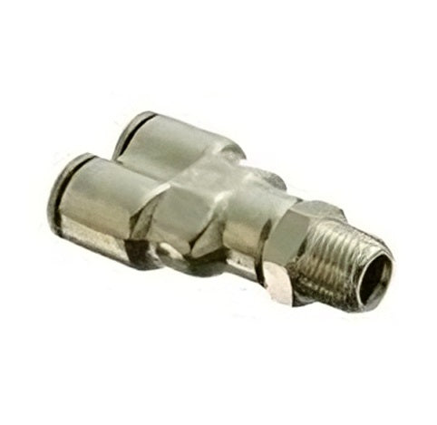 1108X2A by Danfoss | Push to Connect Adapter | Swivel Male Y | 10-32 Male UNF x 1/8" Tube OD x 1/8" Tube OD | Nickel Plated Brass