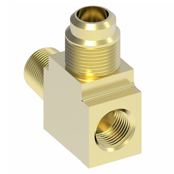 56X4 by Danfoss | Female to Male Pipe Run/SAE 45° Flare Tee Adapter | 1/8" Female NPTF x 1/8" Male NPTF x 1/4" Male SAE 45° Flare | Brass