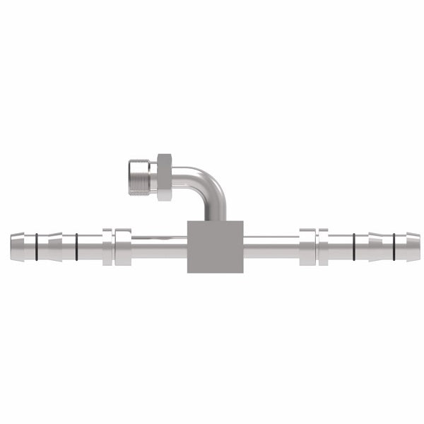 EJ3158-060808S E-Z Clip System by Danfoss | Male O-Ring Pilot Branch Connection Tee | A/C Refrigeration Fitting | -06 Male O-Ring Pilot x -08 Hose Barb x -08 Hose Barb | Steel