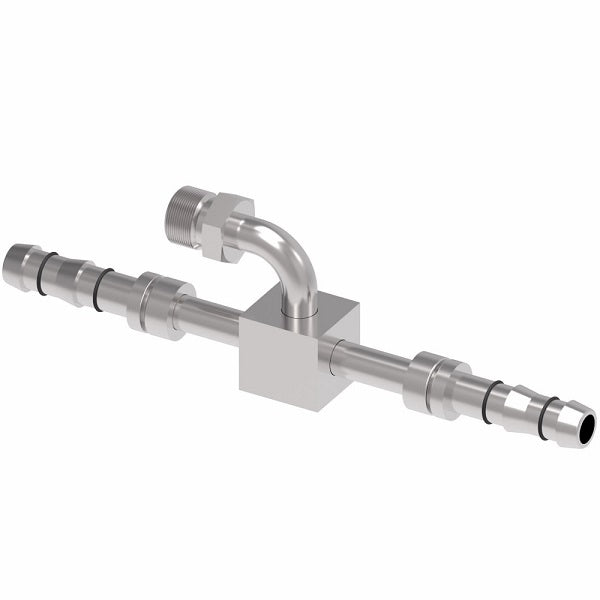 EJ3158-060808S E-Z Clip System by Danfoss | Male O-Ring Pilot Branch Connection Tee | A/C Refrigeration Fitting | -06 Male O-Ring Pilot x -08 Hose Barb x -08 Hose Barb | Steel