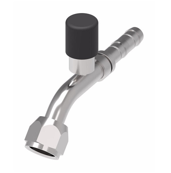 EJ3410-0808S E-Z Clip System by Danfoss | Female O-Ring 45° Elbow (Short Pilot) with R134a High Side Port | A/C Refrigeration Fitting | -08 Female O-Ring Short Pilot x -08 Hose Barb | Steel