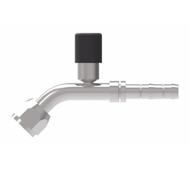 EJ3410-0808S E-Z Clip System by Danfoss | Female O-Ring 45° Elbow (Short Pilot) with R134a High Side Port | A/C Refrigeration Fitting | -08 Female O-Ring Short Pilot x -08 Hose Barb | Steel