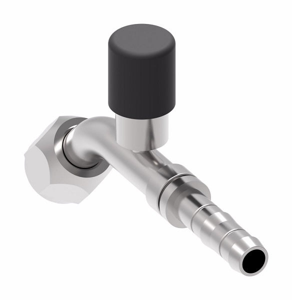 EJ3410-0808S E-Z Clip System by Danfoss | Female O-Ring 45° Elbow (Short Pilot) with R134a High Side Port | A/C Refrigeration Fitting | -08 Female O-Ring Short Pilot x -08 Hose Barb | Steel