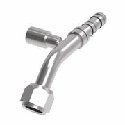 EJ3543-1010S E-Z Clip System by Danfoss | Female O-Ring 45° Elbow (Short Pilot) with R134a Low Side Port (Rotated 270°) | A/C Refrigeration Fitting | -10 Female O-Ring Short Pilot x -10 Hose Barb | Steel