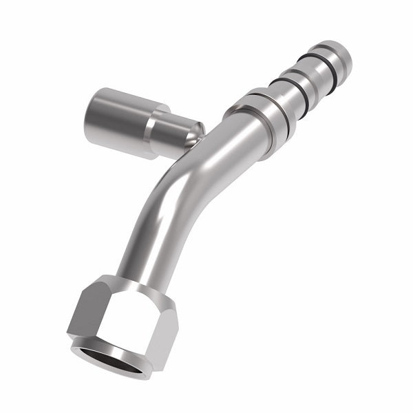 EJ3543-1010S E-Z Clip System by Danfoss | Female O-Ring 45° Elbow (Short Pilot) with R134a Low Side Port (Rotated 270°) | A/C Refrigeration Fitting | -10 Female O-Ring Short Pilot x -10 Hose Barb | Steel