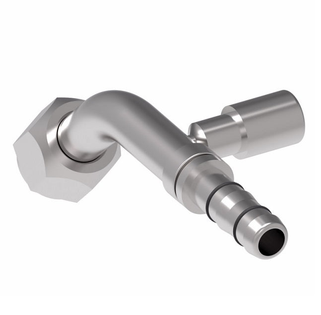 EJ3543-1010S E-Z Clip System by Danfoss | Female O-Ring 45° Elbow (Short Pilot) with R134a Low Side Port (Rotated 270°) | A/C Refrigeration Fitting | -10 Female O-Ring Short Pilot x -10 Hose Barb | Steel