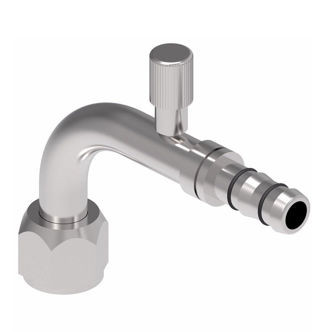 FJ3012-01-1012S E-Z Clip System by Danfoss | Female O-Ring 90° Elbow (Short Pilot) with R134A Low Side Port | A/C Refrigeration Fitting | -10 Female O-Ring Short Pilot x -12 Hose Barb | Steel