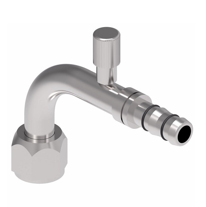 FJ3012-03-1212S E-Z Clip System by Danfoss | Female O-Ring 90° Elbow (Short Pilot) with R134A Low Side Port | A/C Refrigeration Fitting | -12 Female O-Ring Short Pilot x -12 Hose Barb | Steel