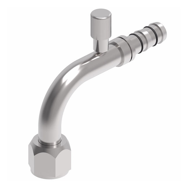 FJ3012-03-1212S E-Z Clip System by Danfoss | Female O-Ring 90° Elbow (Short Pilot) with R134A Low Side Port | A/C Refrigeration Fitting | -12 Female O-Ring Short Pilot x -12 Hose Barb | Steel