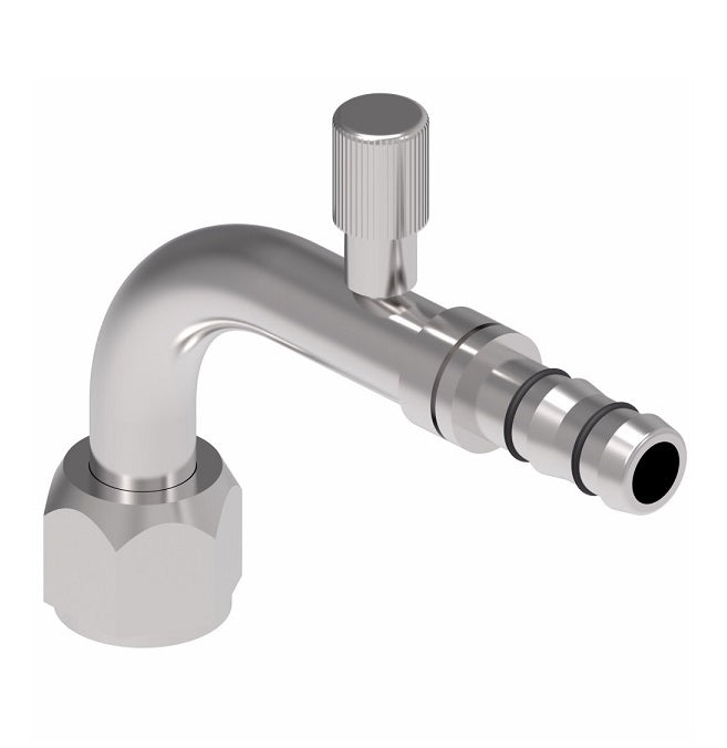 FJ3013-01-0810S E-Z Clip System by Danfoss | Female O-Ring 90° Elbow (Short Pilot) with R134a High Side Port | A/C Refrigeration Fitting | -08 Female O-Ring Short Pilot x -10 Hose Barb | Steel