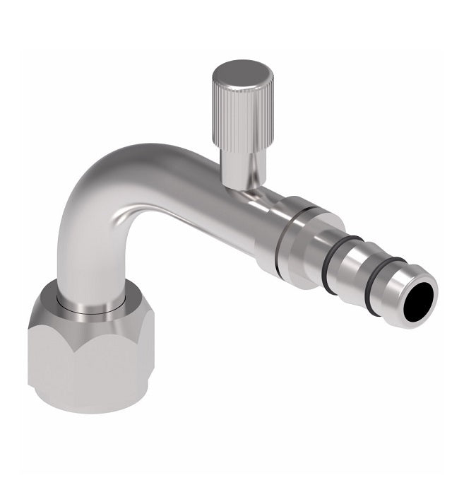 FJ3013-02-0606S E-Z Clip System by Danfoss | Female O-Ring 90° Elbow (Short Pilot) with R134a High Side Port | A/C Refrigeration Fitting | -06 Female O-Ring Short Pilot x -06 Hose Barb | Steel