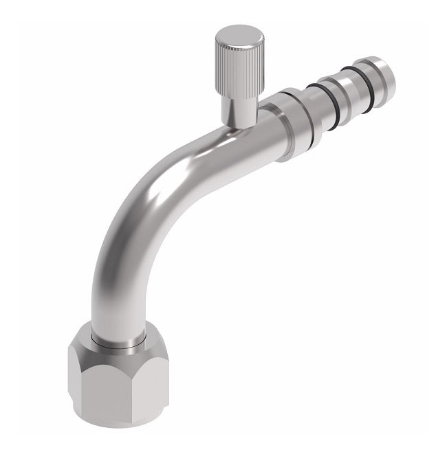 FJ3013-03-0808S E-Z Clip System by Danfoss | Female O-Ring 90° Elbow (Short Pilot) with R134a High Side Port | A/C Refrigeration Fitting | -08 Female O-Ring Short Pilot x -08 Hose Barb | Steel