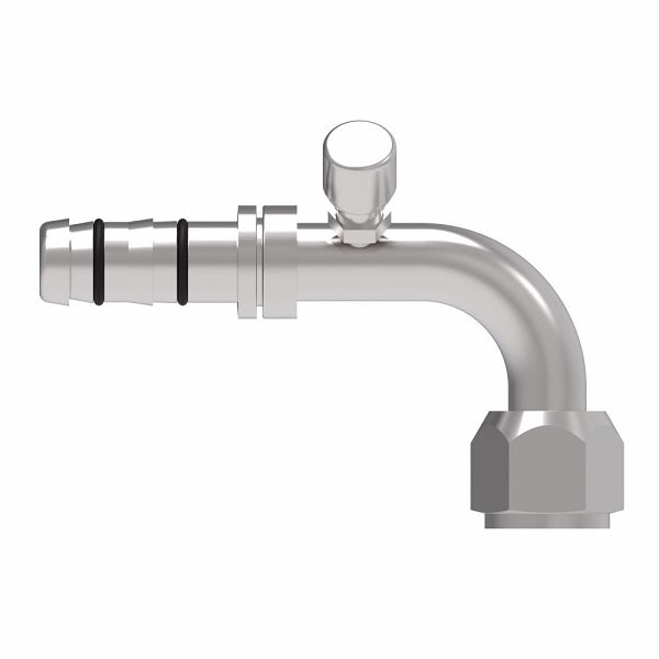 FJ3047-1012S E-Z Clip System by Danfoss | Female O-Ring 90° Elbow (Long Pilot) with Charge Port (7/16-20 thd) - 45° Port Rotation | A/C Refrigeration Fitting | -10 Female O-Ring Long Pilot x -12 Hose Barb | Steel