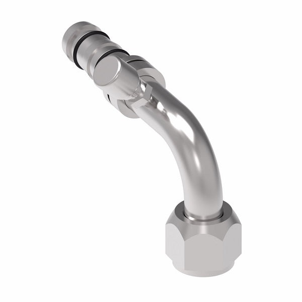 FJ3047-1016S E-Z Clip System by Danfoss | Female O-Ring 90° Elbow (Long Pilot) with Charge Port (7/16-20 thd) - 45° Port Rotation | A/C Refrigeration Fitting | -10 Female O-Ring Long Pilot x -16 Hose Barb | Steel