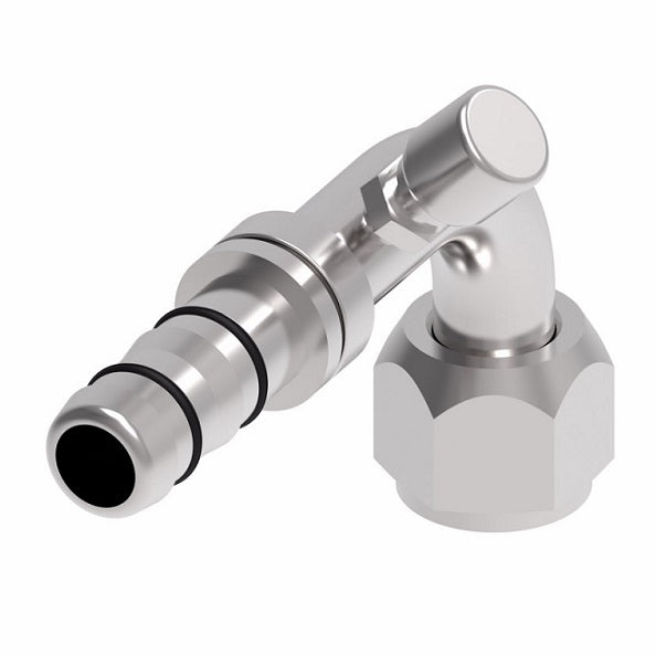 FJ3047-1016S E-Z Clip System by Danfoss | Female O-Ring 90° Elbow (Long Pilot) with Charge Port (7/16-20 thd) - 45° Port Rotation | A/C Refrigeration Fitting | -10 Female O-Ring Long Pilot x -16 Hose Barb | Steel