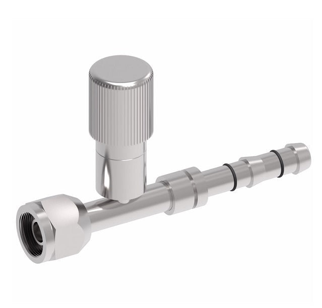 FJ3053-0810S E-Z Clip System by Danfoss | Female O-Ring (Short Pilot) with R134a High Side Port | A/C Refrigeration Fitting | -08 Female O-Ring Short Pilot x -10 Hose Barb | Steel