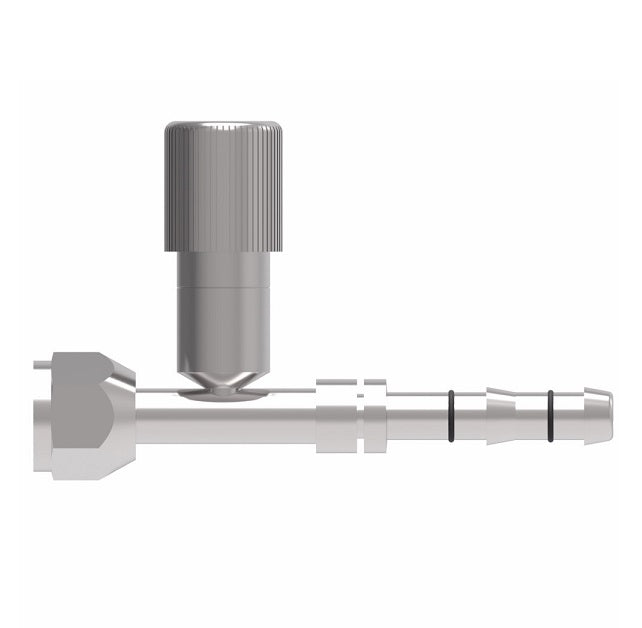 FJ3053-0810S E-Z Clip System by Danfoss | Female O-Ring (Short Pilot) with R134a High Side Port | A/C Refrigeration Fitting | -08 Female O-Ring Short Pilot x -10 Hose Barb | Steel