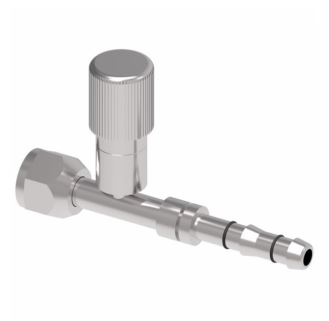 FJ3053-0606S E-Z Clip System by Danfoss | Female O-Ring (Short Pilot) with R134a High Side Port | A/C Refrigeration Fitting | -06 Female O-Ring Short Pilot x -06 Hose Barb | Steel