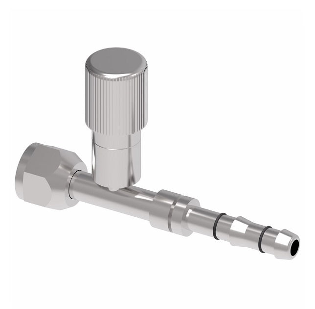 FJ3053-0806S E-Z Clip System by Danfoss | Female O-Ring (Short Pilot) with R134a High Side Port | A/C Refrigeration Fitting | -08 Female O-Ring Short Pilot x -06 Hose Barb | Steel