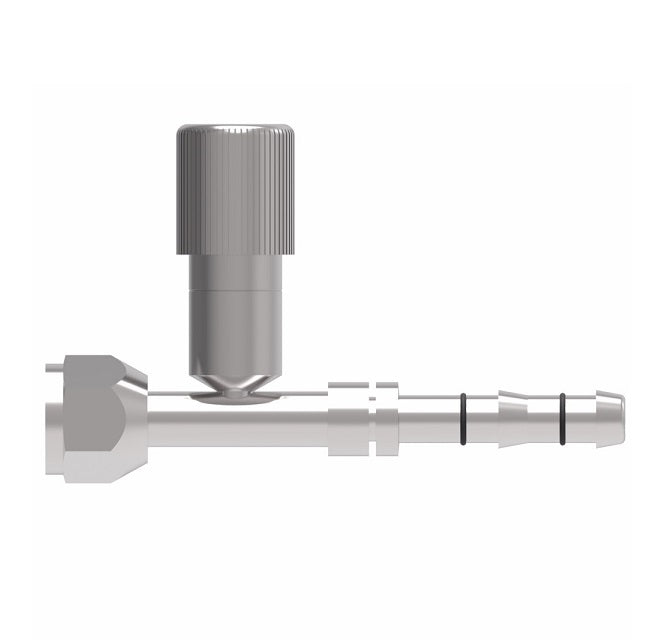 FJ3054-1216S E-Z Clip System by Danfoss | Female O-Ring (Short Pilot) with R134a Low Side Port | A/C Refrigeration Fitting | -12 Female O-Ring Short Pilot x -16 Hose Barb | Steel