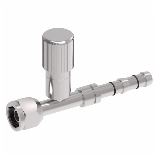 FJ3054-1010S E-Z Clip System by Danfoss | Female O-Ring (Short Pilot) with R134a Low Side Port | A/C Refrigeration Fitting | -10 Female O-Ring Short Pilot x -10 Hose Barb | Steel
