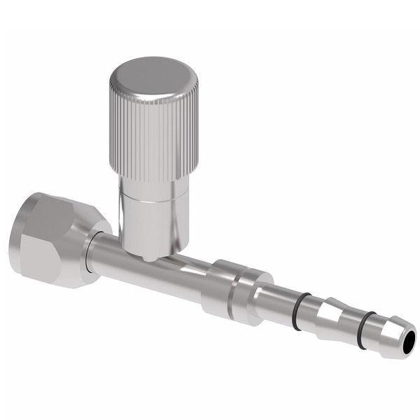 FJ3054-1012S E-Z Clip System by Danfoss | Female O-Ring (Short Pilot) with R134a Low Side Port | A/C Refrigeration Fitting | -10 Female O-Ring Short Pilot x -12 Hose Barb | Steel