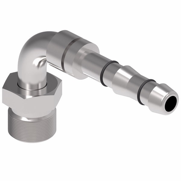 FJ3056-01-0606S E-Z Clip System by Danfoss | Male MIO (Male Insert O-Ring) 90° Elbow | A/C Refrigeration Fitting | -06 Male MIO x -06 Hose Barb | Steel