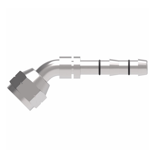 FJ3059-04-0810S E-Z Clip System by Danfoss | Female SAE 45° Flare (Universal) 45° Elbow | A/C Refrigeration Fitting | -08 Female SAE 45° Flare x -10 Hose Barb | Steel