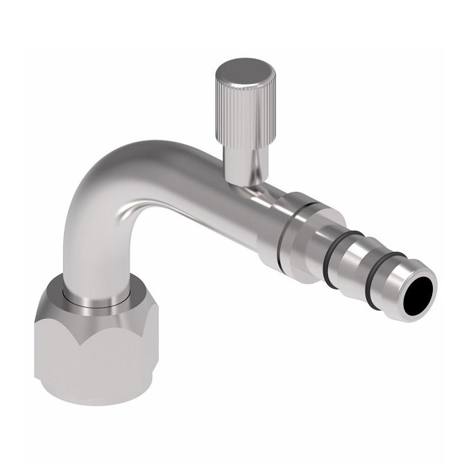 FJ3112-03-1010S E-Z Clip System by Danfoss | Female O-Ring (Long Pilot) Metric Thread with High Side Charge Port (R134a) 90° Elbow | A/C Refrigeration Fitting | M24 Female O-Ring Long Pilot x -10 Hose Barb | Steel