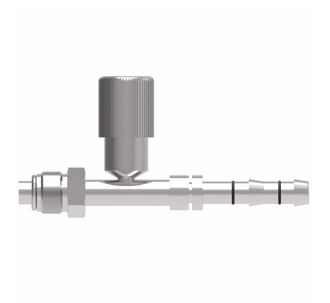 FJ3131-01-0606S E-Z Clip System by Danfoss | Male O-Ring (Short Pilot) with R134a High Side Port | A/C Refrigeration Fitting | -06 Male O-Ring Short Pilot x -06 Hose Barb | Steel