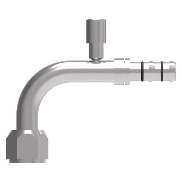 FJ3133-02-0808S E-Z Clip System by Danfoss | Female SAE 45° with High Side Charge Port (R134a) 90° Elbow | A/C Refrigeration Fitting | -08 Female SAE 45° Flare x -08 Hose Barb | Steel