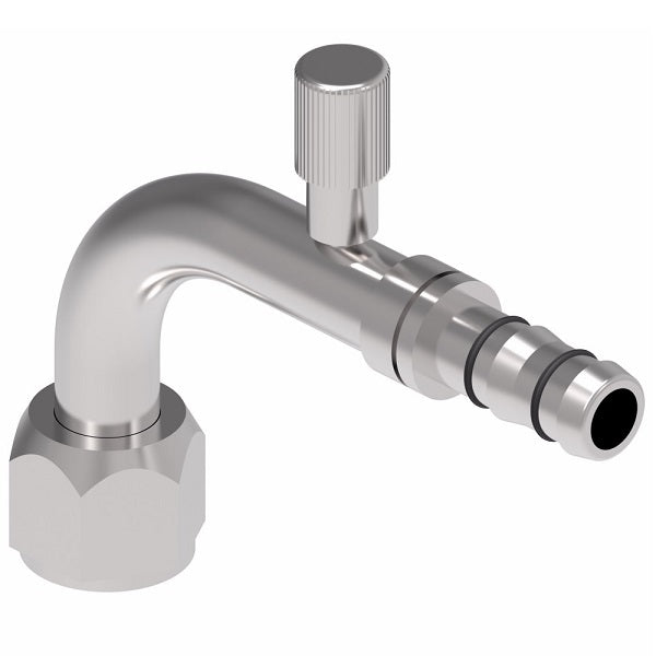 FJ3133-02-0808S E-Z Clip System by Danfoss | Female SAE 45° with High Side Charge Port (R134a) 90° Elbow | A/C Refrigeration Fitting | -08 Female SAE 45° Flare x -08 Hose Barb | Steel