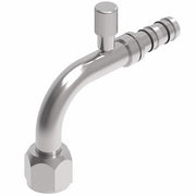 FJ3133-02-0808S E-Z Clip System by Danfoss | Female SAE 45° with High Side Charge Port (R134a) 90° Elbow | A/C Refrigeration Fitting | -08 Female SAE 45° Flare x -08 Hose Barb | Steel