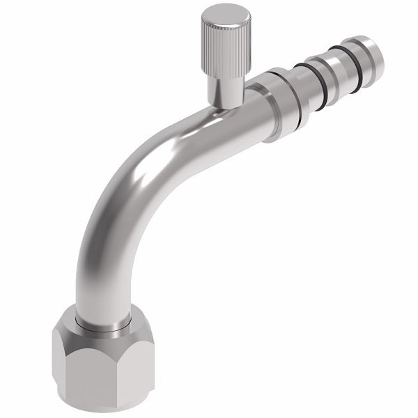 FJ3133-02-0808S E-Z Clip System by Danfoss | Female SAE 45° with High Side Charge Port (R134a) 90° Elbow | A/C Refrigeration Fitting | -08 Female SAE 45° Flare x -08 Hose Barb | Steel