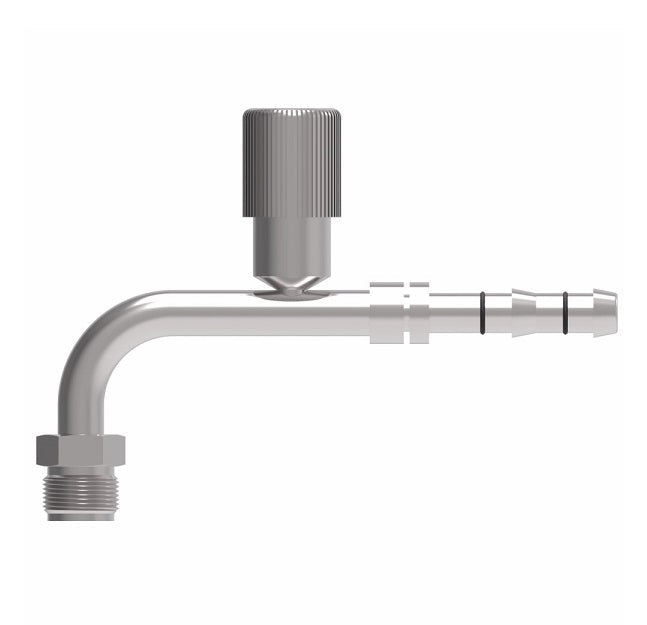 FJ3134-01-0606S E-Z Clip System by Danfoss | Male O-Ring 90° Elbow (Short Pilot) with R134a High Side Port | A/C Refrigeration Fitting | -06 Male O-Ring Short Pilot x -06 Hose Barb | Steel