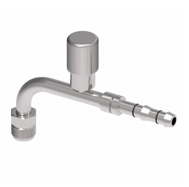 FJ3134-02-0808S E-Z Clip System by Danfoss | Male O-Ring 90° Elbow (Short Pilot) with R134a High Side Port | A/C Refrigeration Fitting | -08 Male O-Ring Short Pilot x -08 Hose Barb | Steel