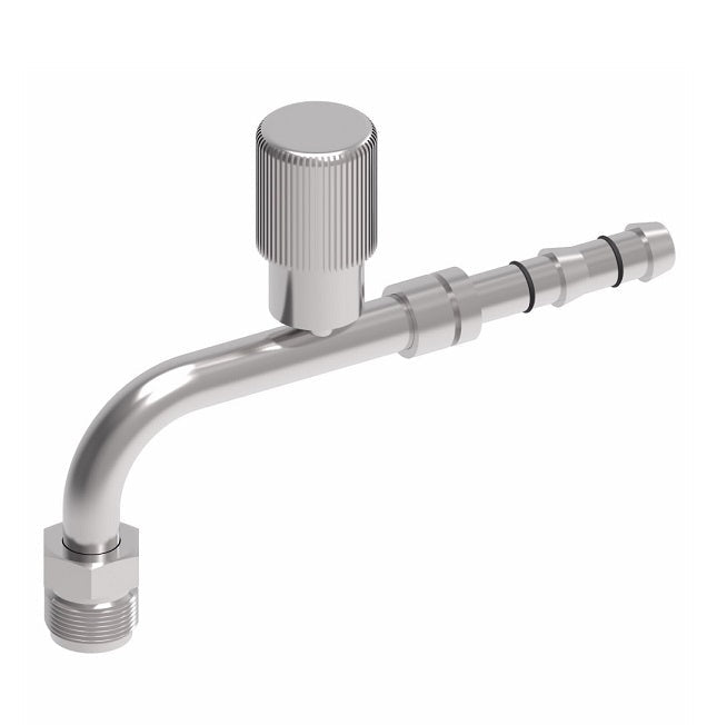 FJ3134-03-1010S E-Z Clip System by Danfoss | Male O-Ring 90° Elbow (Short Pilot) with R134a High Side Port | A/C Refrigeration Fitting | -10 Male O-Ring Short Pilot x -10 Hose Barb| Steel