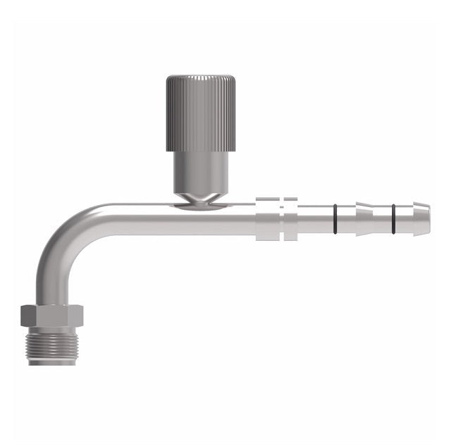 FJ3135-02-1012S E-Z Clip System by Danfoss | Male O-Ring 90° Elbow (Short Pilot) with R134a Low Side Port | A/C Refrigeration Fitting | -10 Male O-Ring Short Pilot x -12 Hose Barb | Steel