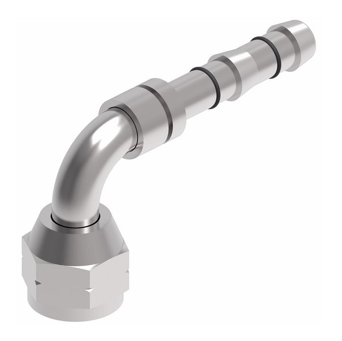 FJ3149-01-0606S E-Z Clip System by Danfoss | Female SAE 45° Flare 90° Elbow | A/C Refrigeration Fitting | -06 Female SAE 45° Flare x -06 Hose Barb | Steel